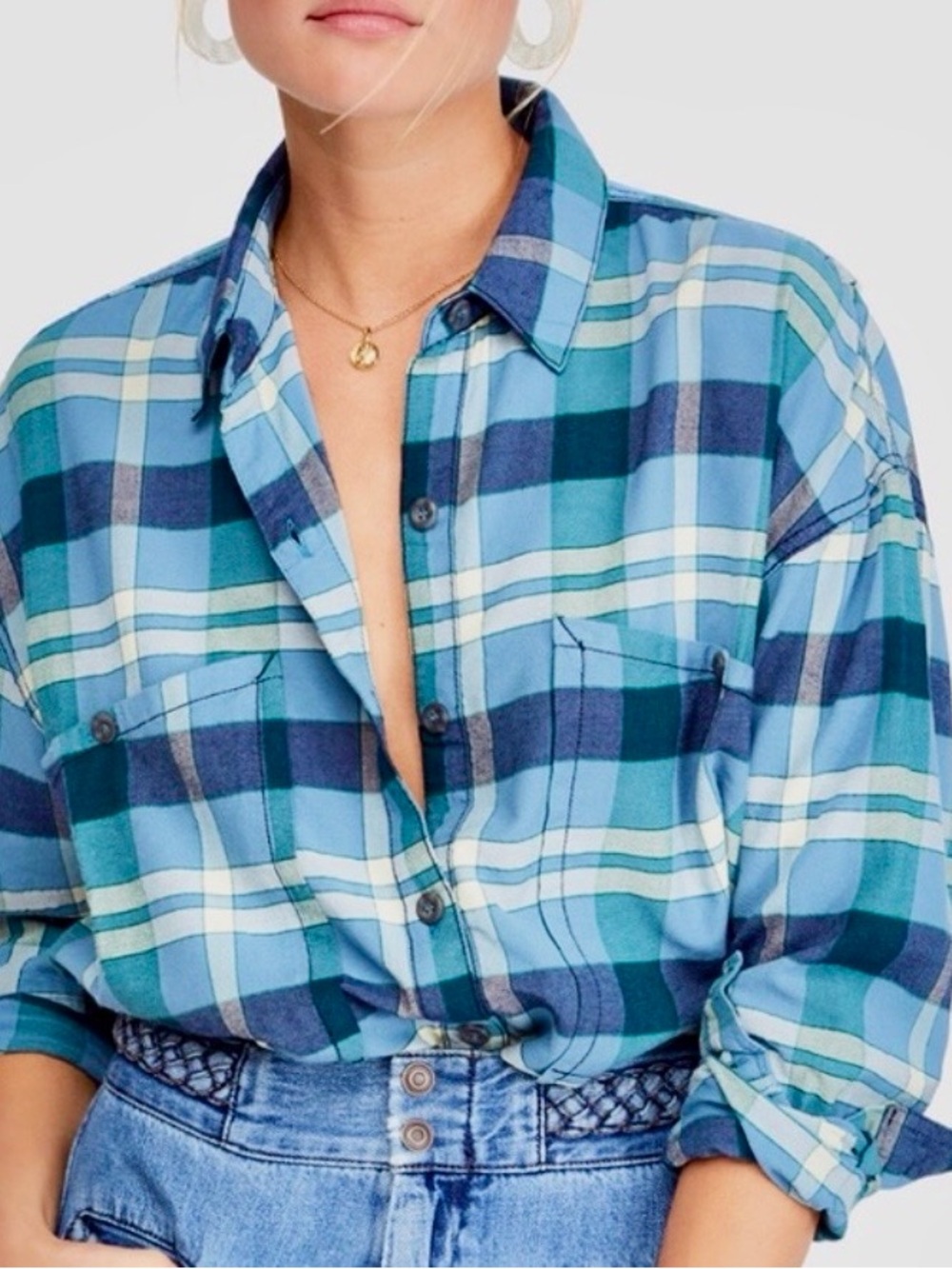 #876 FREE PEOPLE Loveland Blue Plaid Button-Down Shirt w Raw Hem
